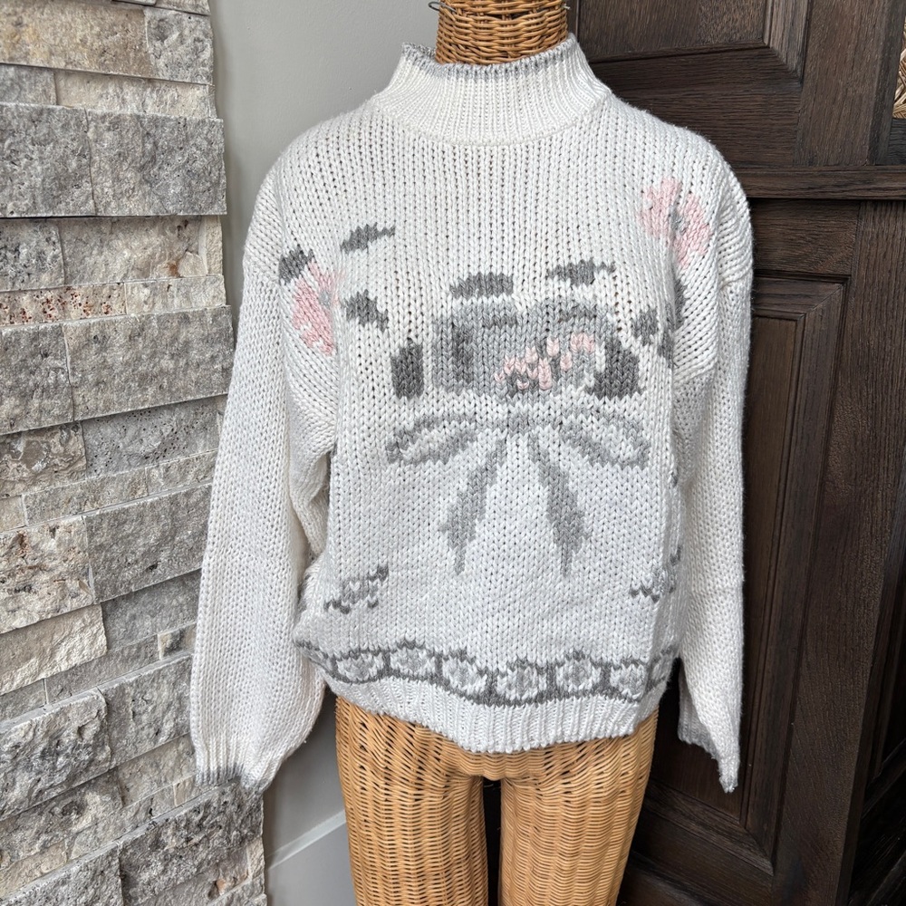Vintage 90s Floral Bow Knit Sweater Cottage Core Flower Pullover Vintage Sweater